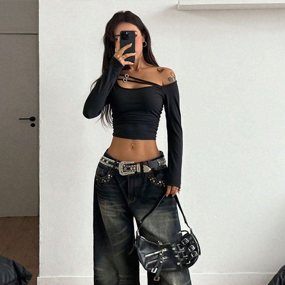 Black Sexy Off-shoulder Halter Hot Girl Hollow-out Cross Strap Design Niche Crop Top