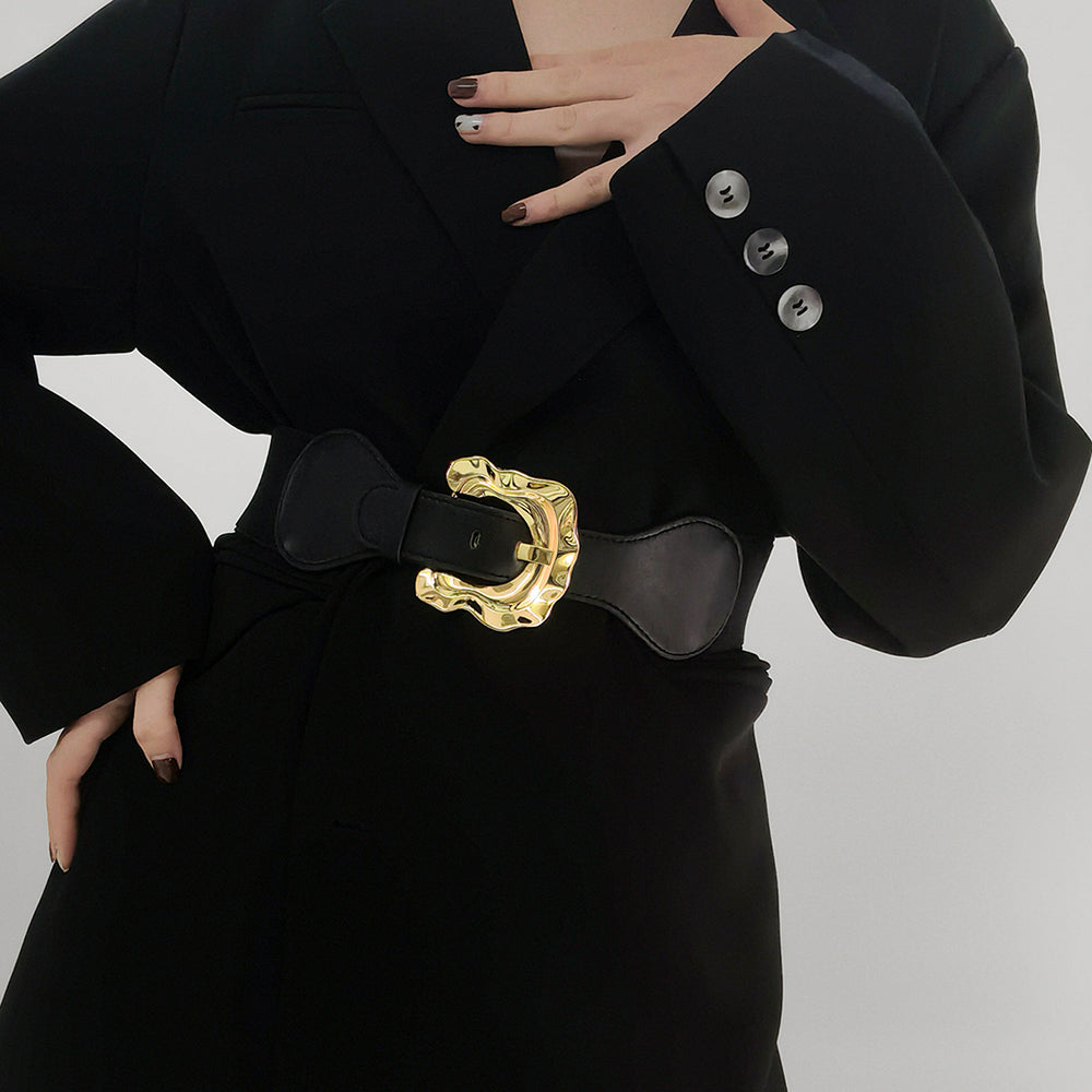 New Autumn And Winter Women's Wide Belt Elastic Elastic Irregular Flanged Alloy Buttonhead Smooth With Shirt Sweater Jacket Waist Seal