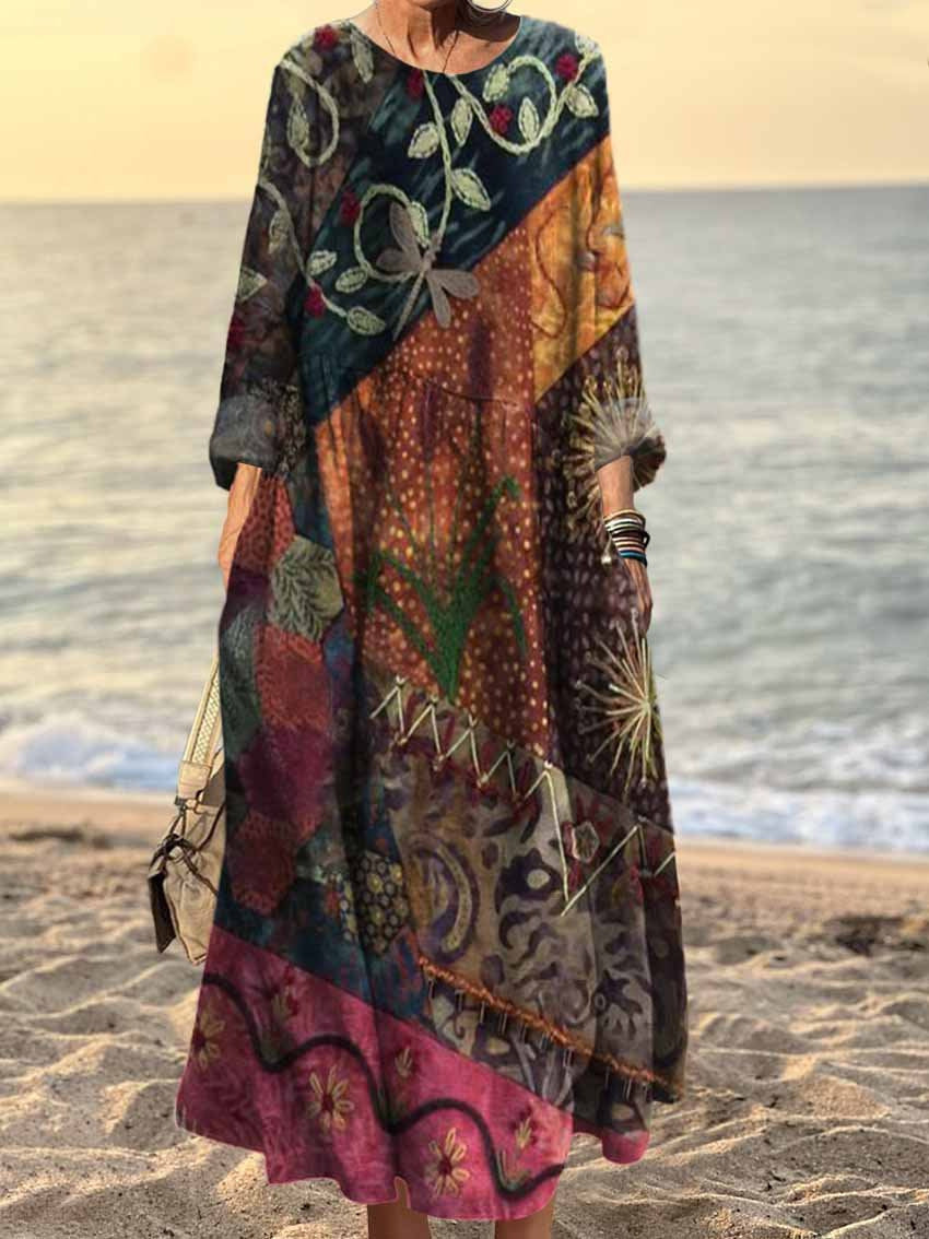 Fashionable Round-neck Long-sleeve Printed Dress