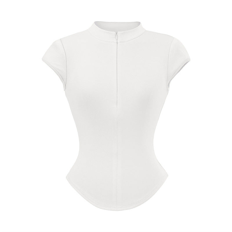 Round Neck Zipper Short Sleeved T-shirt