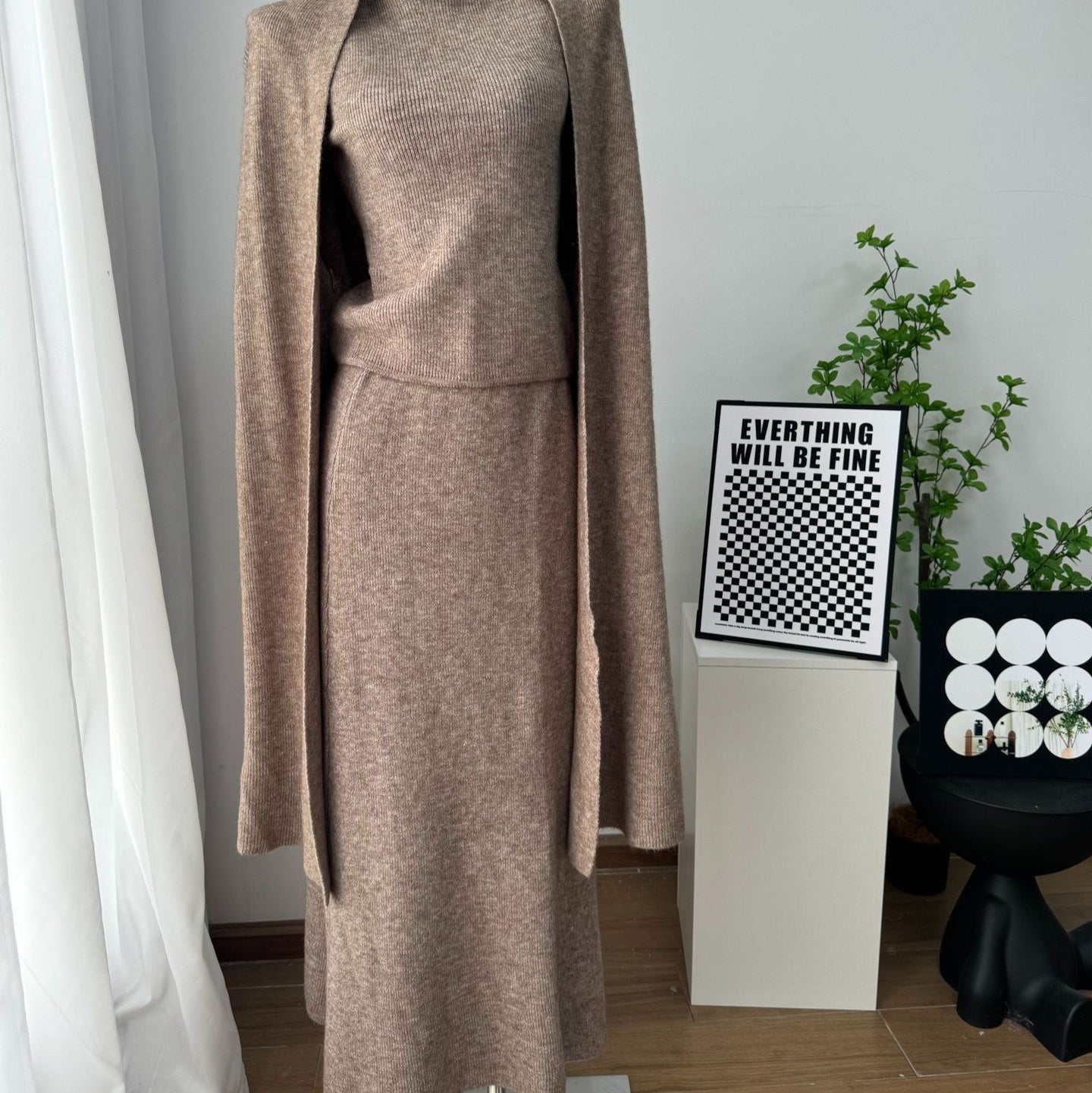 Turtleneck Sleeveless Vest Top And Fishtail Skirt Match Long Cardigan Three-piece Set