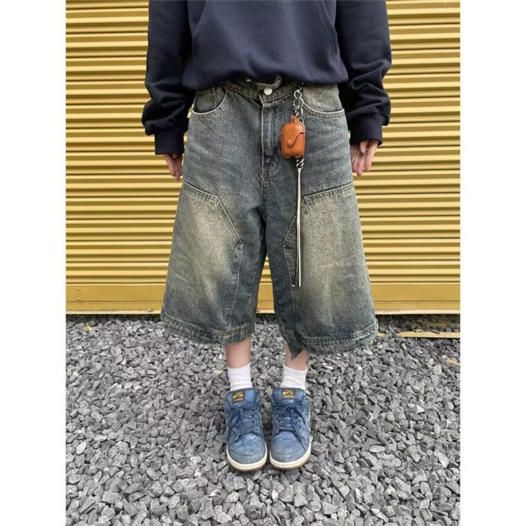 Men's And Women's Retro Washed Denim Straight Wide Leg Shorts