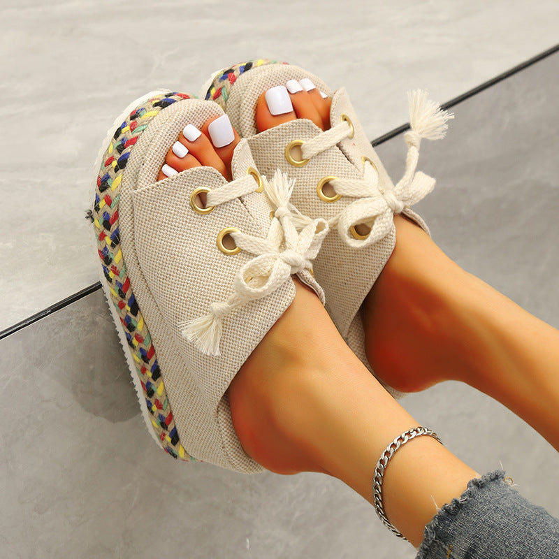 Women's Straw Woven Wedge Color-block Lace-up Slippers