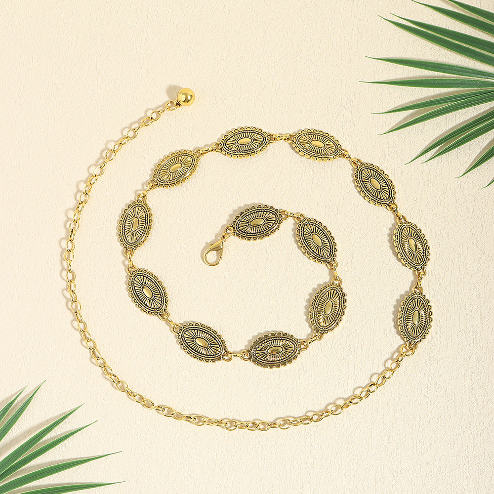 Retro National Style Carved Ancient Gold And Silver Metal Waist Chain Sexy Elegant Women's Dress Senior Sense Decorative Belt