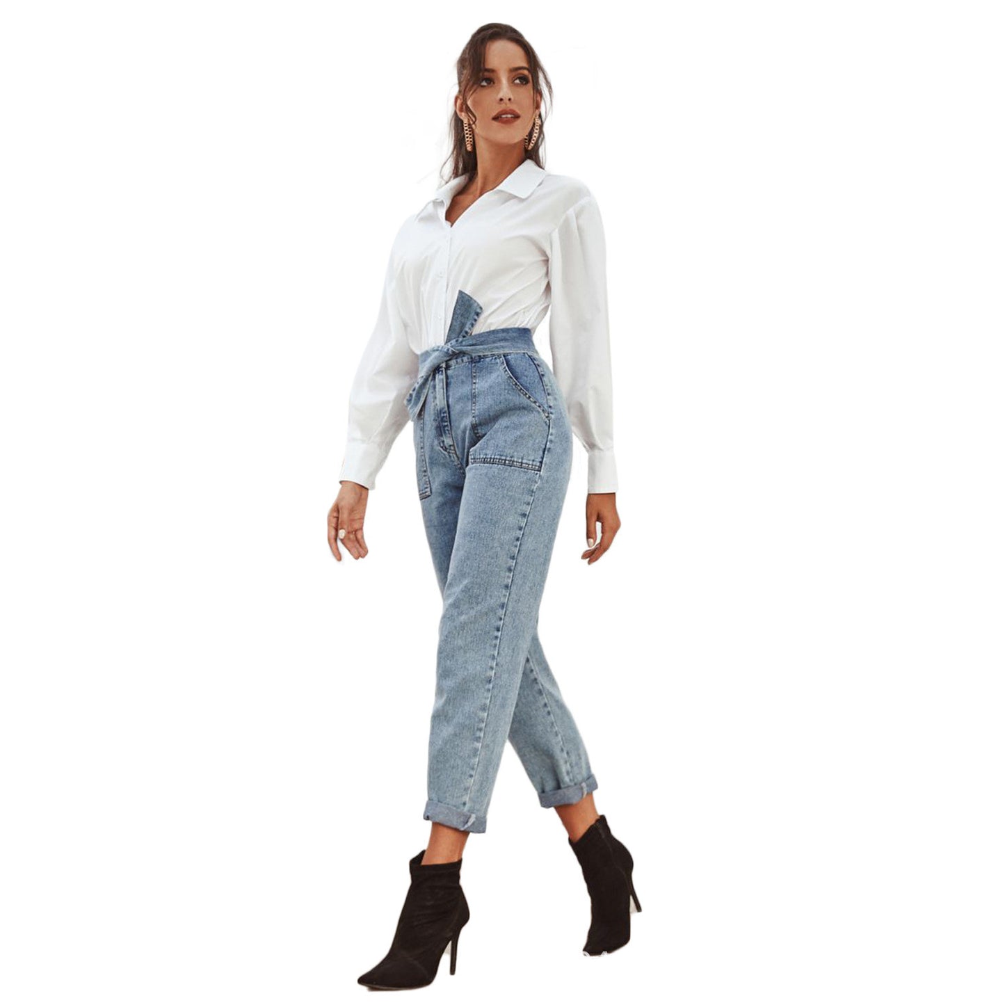 European And American Women's High Waist Stretch Slim Cropped Denim Pants