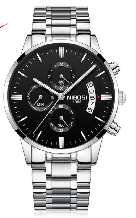 Solid steel belt men's watch waterproof coated glass luminous three-eye 6-pin quartz watch