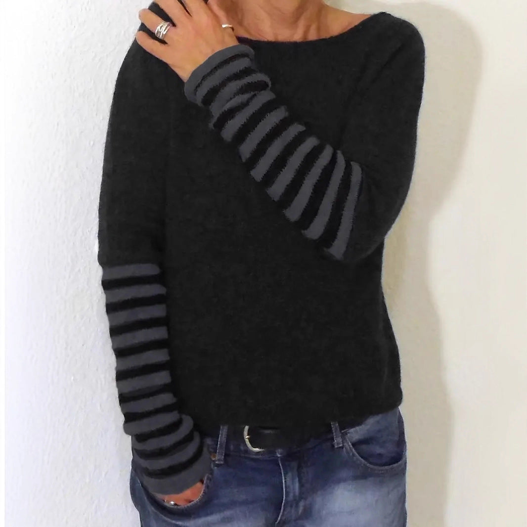 Fashion Casual Round Neck Striped Long Sleeve Knitted Top