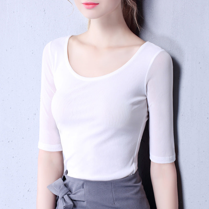 Elegant Langærmet Mesh T-shirt til Kvinder Ensfarvet Taljestretch Top