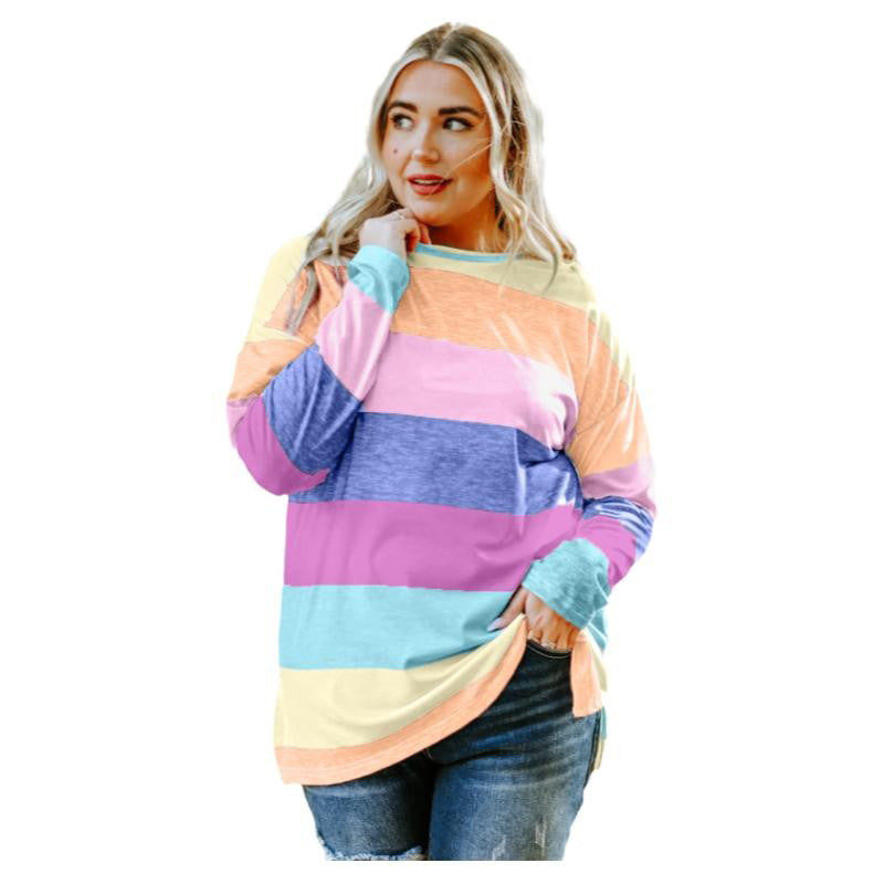 Green Plus Size Color Block Loose Long Sleeve Top