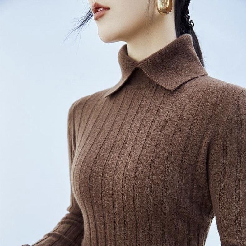 Early Autumn Winter Thread Sunken Stripe Slim Fit Pullover Inner Wear Knitted Bottoming Shirt Lapel Long Sleeve Sweater