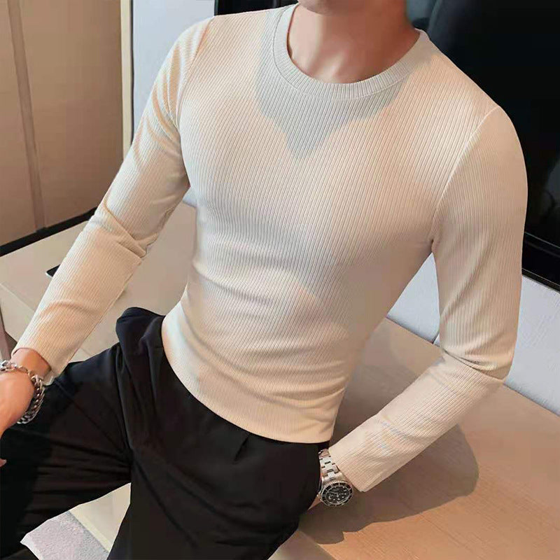 British Fashion Trendy Round Neck Slim Fit Solid Color Casual Long Sleeves