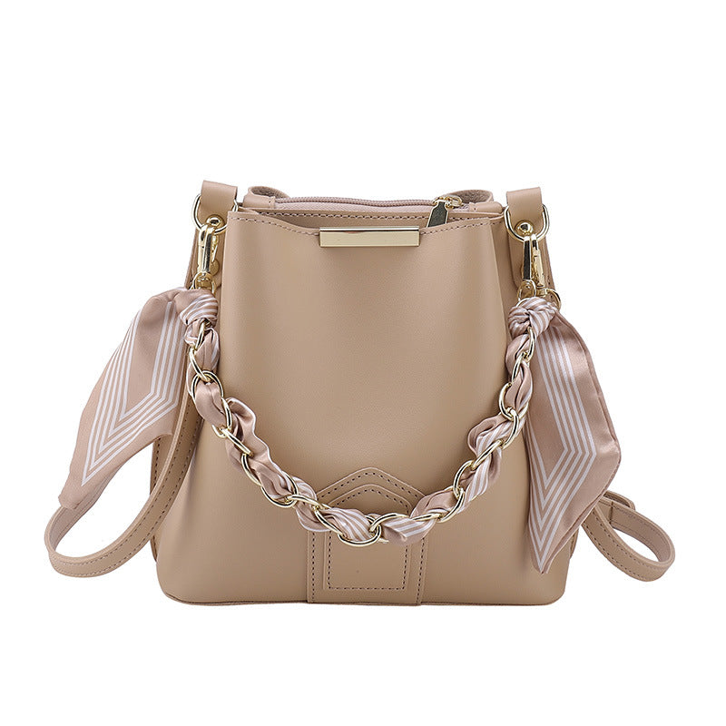 Leather Bucket Tote Bag with Chain Sling Handle
