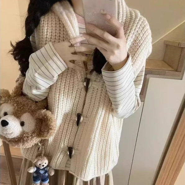 Solid Color Thick Needle Hooded Vest Knitted Cardigan