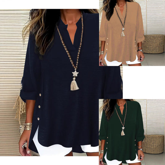 Plus-size Solid-color V-neck Top Springautumn Long-sleeve Relaxed-fit Button-up Elegant Shirt