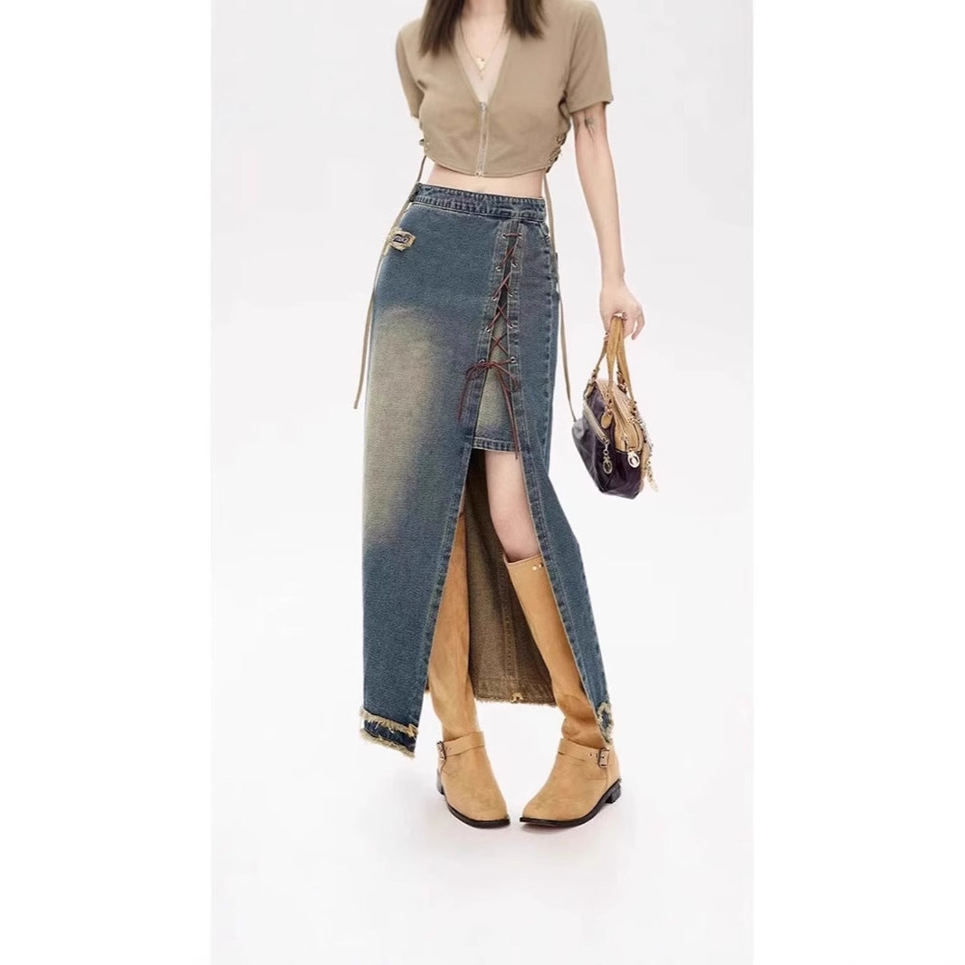 Women's Retro Lace Up High Waist Denim Skirt