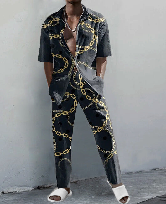Mode for mænd: Outfit med kortærmet skjorte med digitaltryk