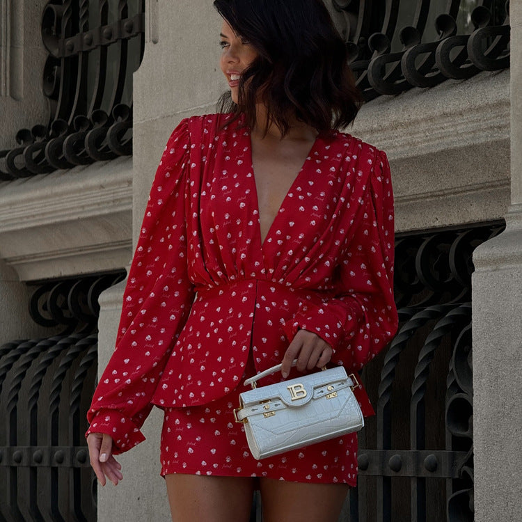 Fashionable V-neck Long-sleeve Pleated Top And High-waisted Skirt Set