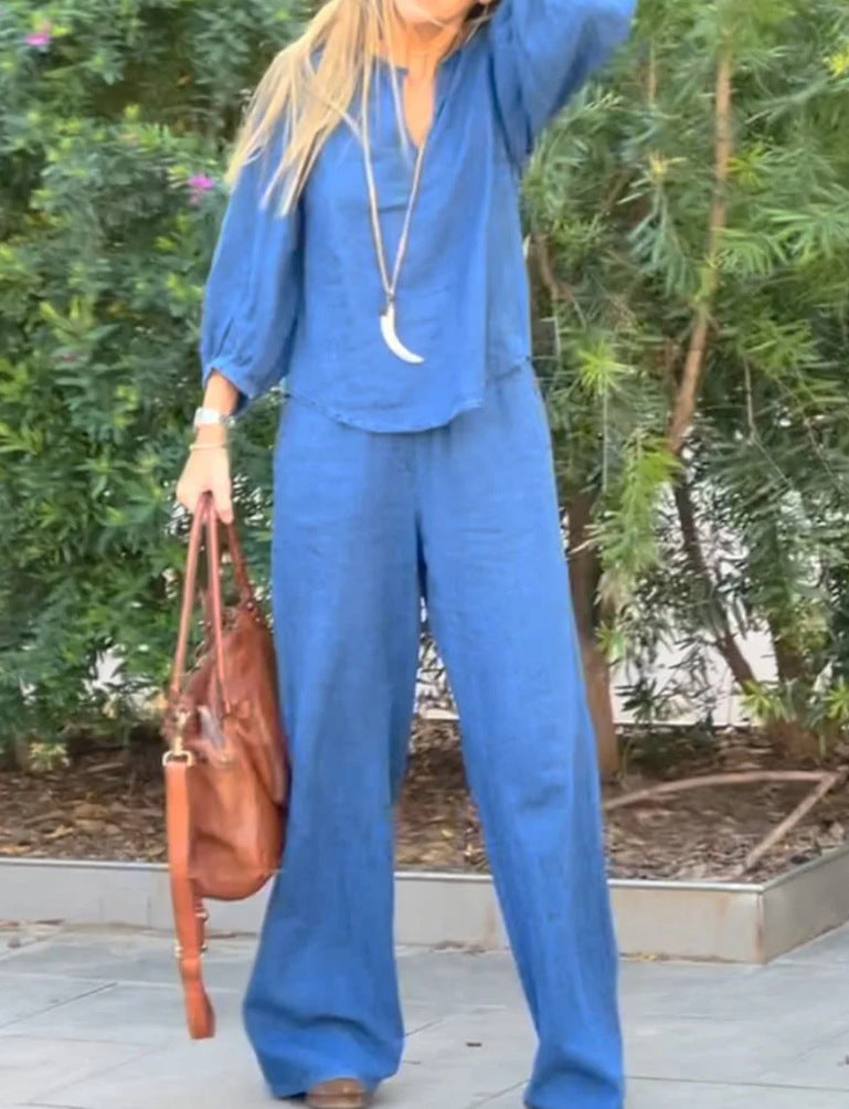Womens Casual Long-Sleeve Cotton-Linen Top And Straight-Leg Pants Two-Piece Set