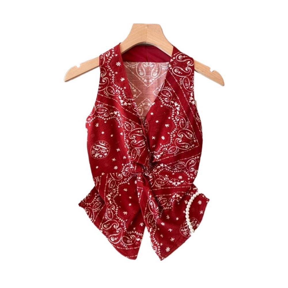 Red Sleeveless Floral Twist Sweet Spicy Waistcoat Top