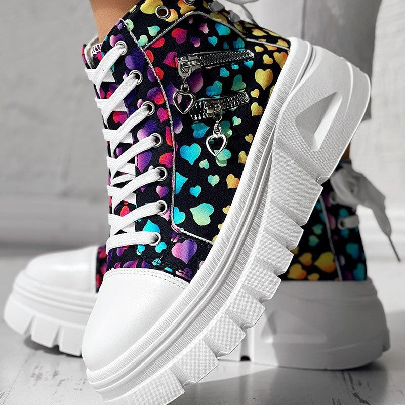 Muffin Heel Side Zipper Front And Rear Lace-up Fashion Casual Sneakers