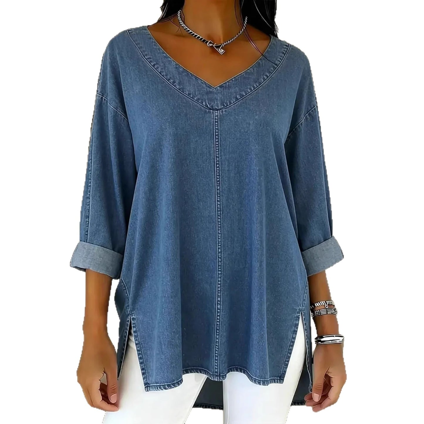 Female Solid Color Casual Street-Style Denim V-Neck Top
