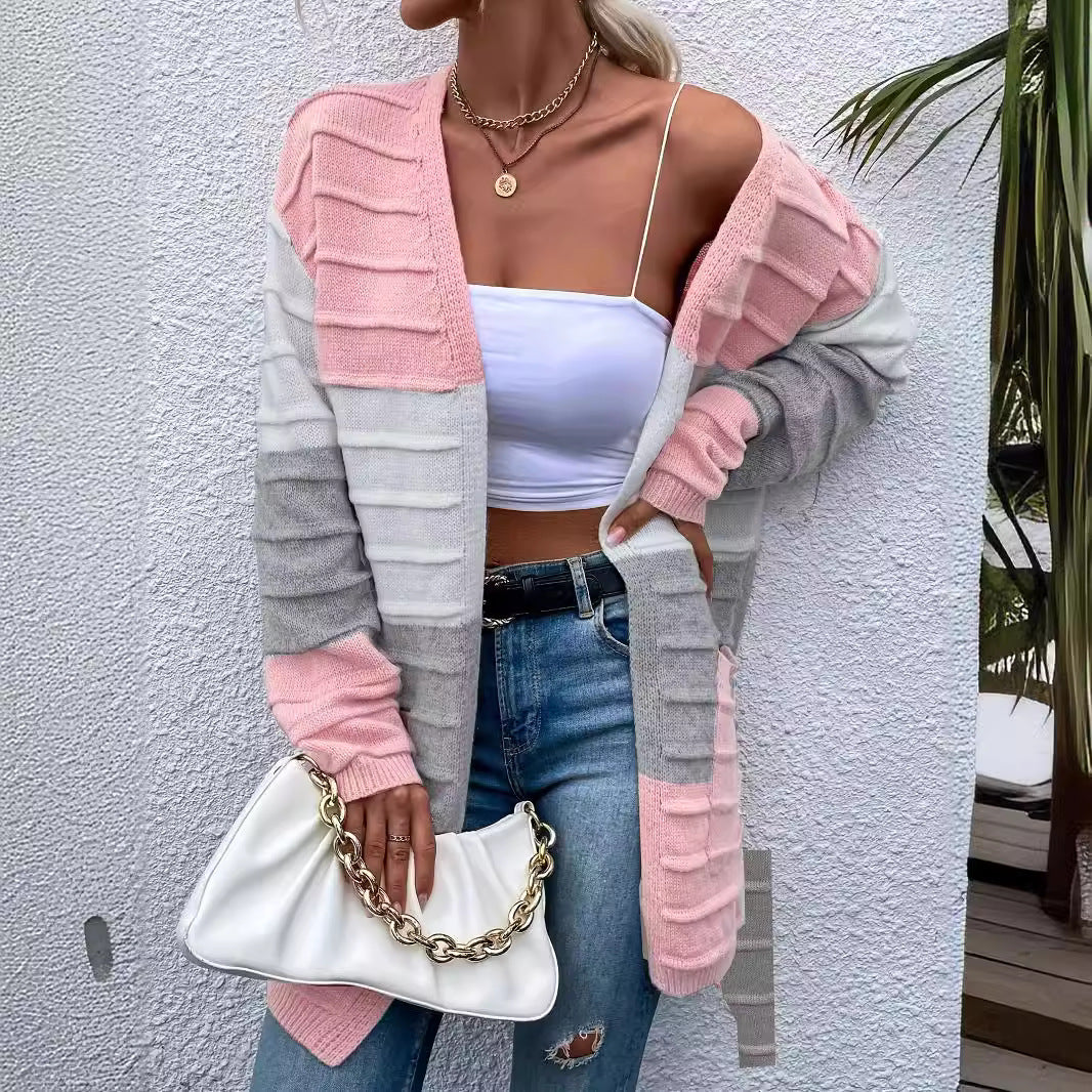 Amazon AliExpress Sweater Women's Fashion Jacket With Big Pockets Autumn And Winter Long Striped Color Matching Cardigan