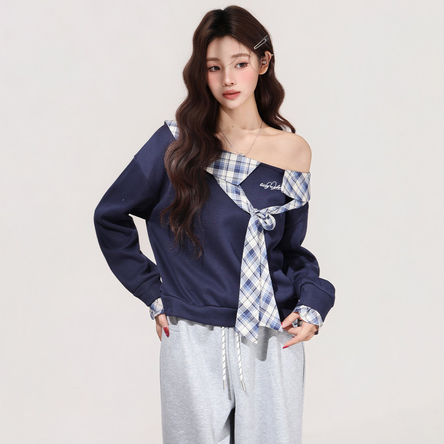 Women's Plaid Bow Off-shoulder Long-sleeve Base Shirt