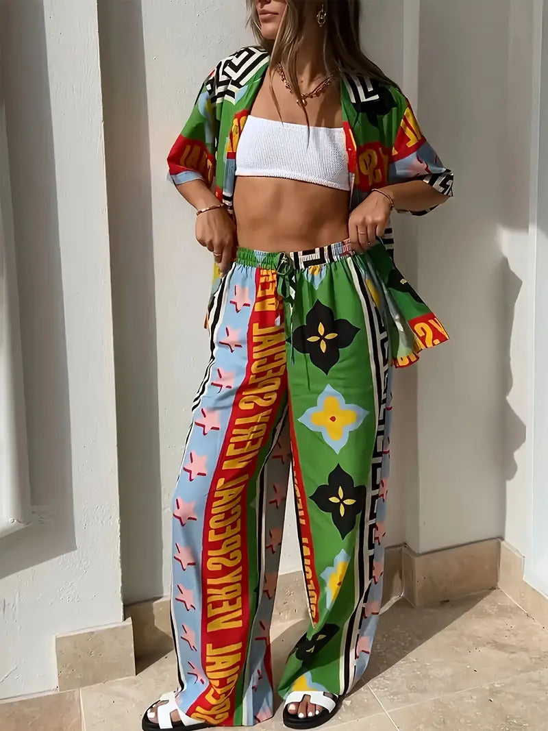 Casual Plant-patterned Short-sleeve Set