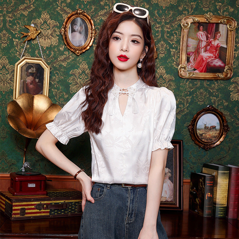 Real Shot New Chinese Style Retro National Style Buckle Jacquard Shirt For Women