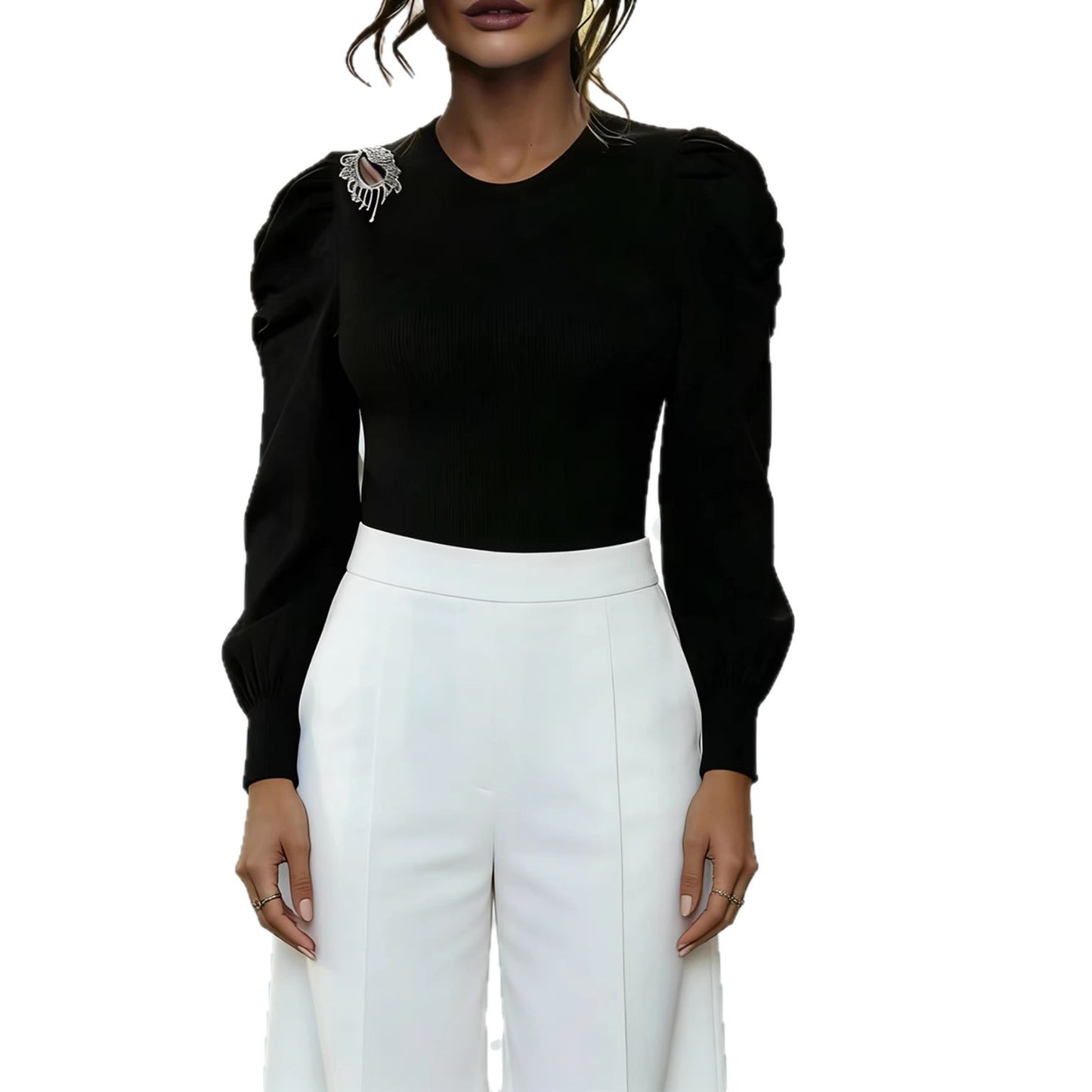 Puff-sleeve Knitted Top A Slim-fit Long-sleeved French-style Workwear Base Layer