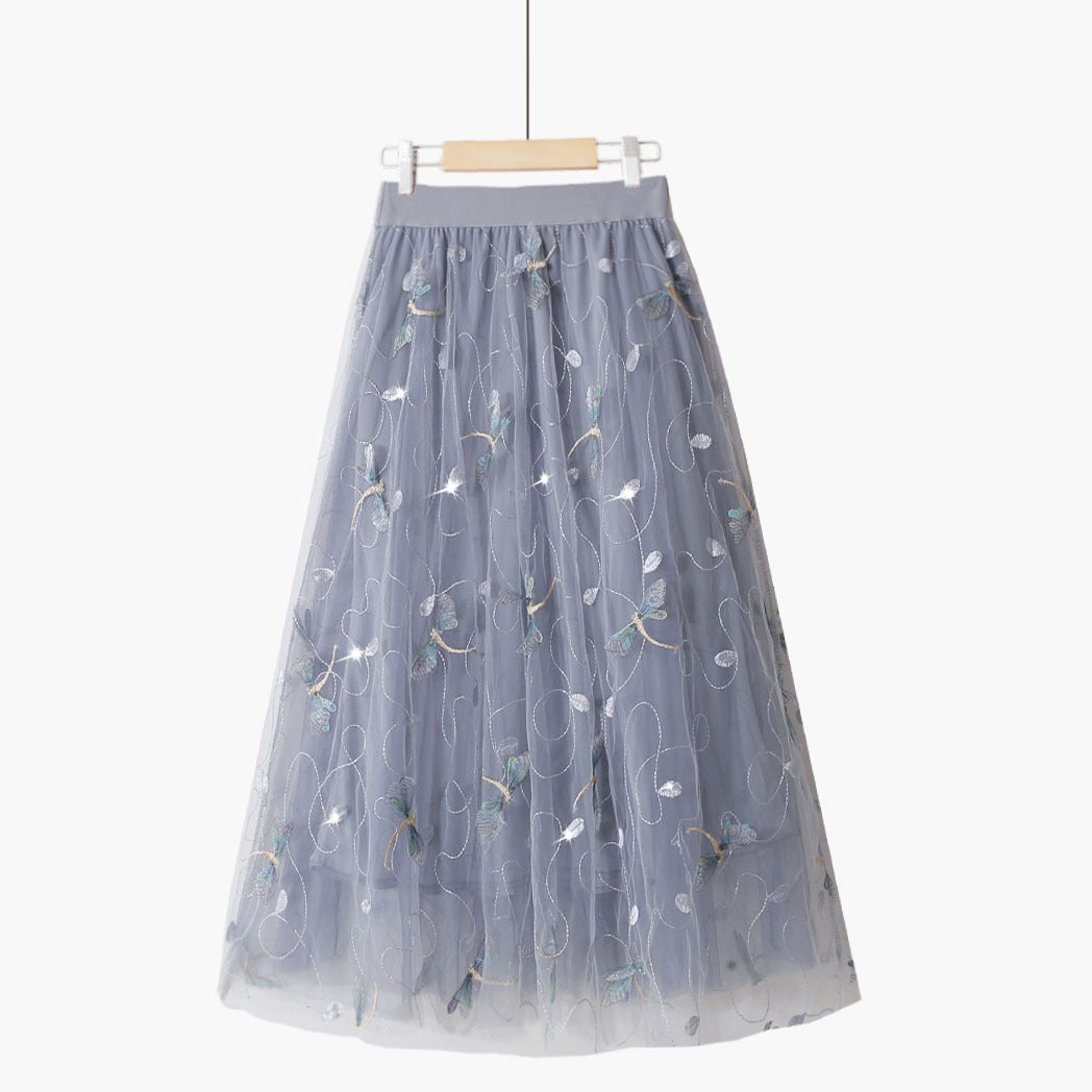 Dragonfly Embroidered Mesh Skirt Large Swing A- Line