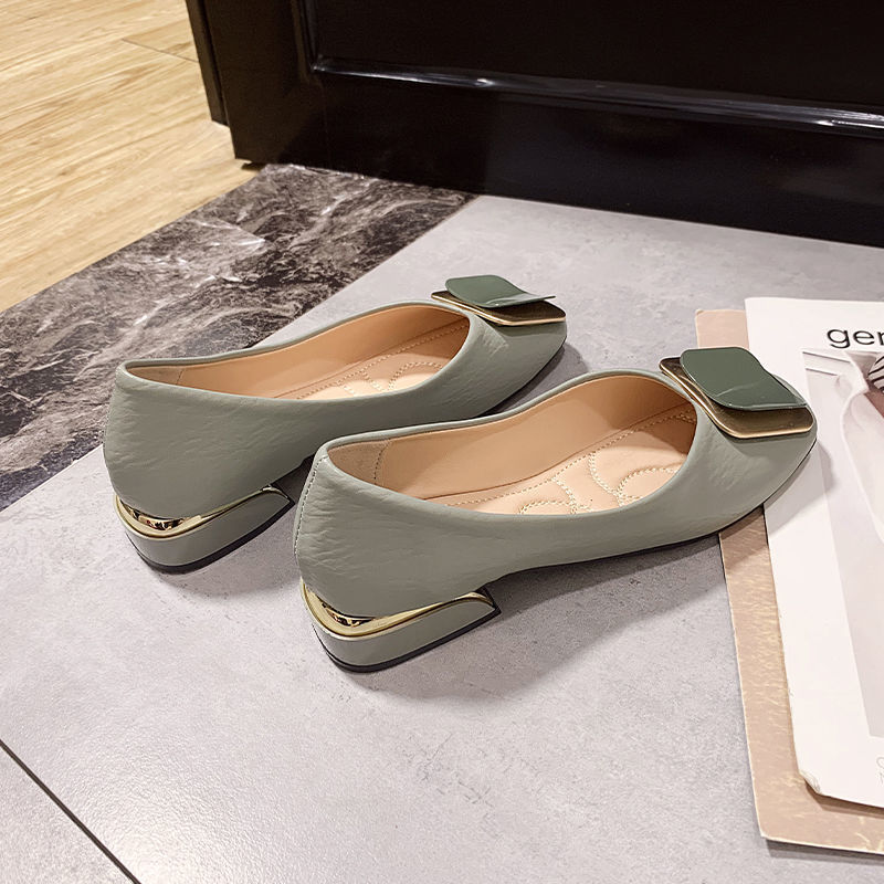 Square Buckle Shallow Mouth Ladies Soft Leather Square Heel Gentle Fairy Shoes