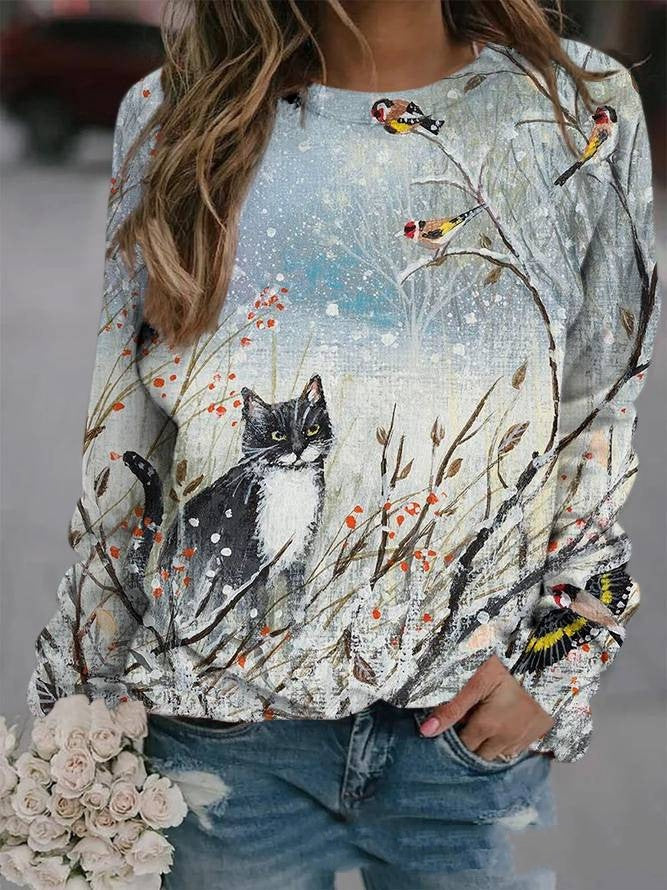 Autumn Animal Graphic Print Crew Neck Raglan Long-sleeved Top