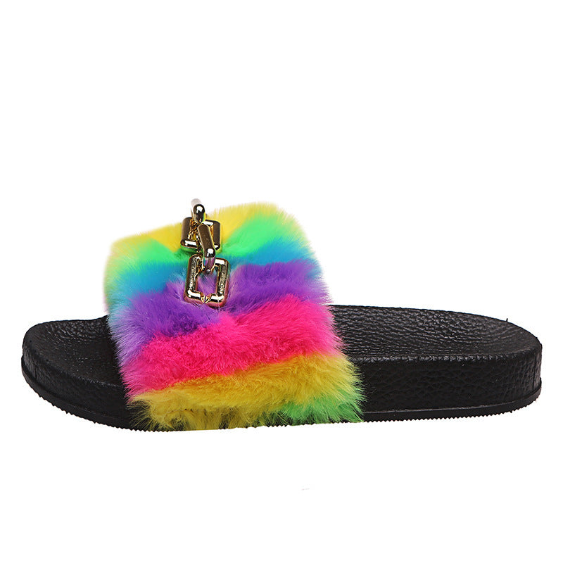 Fashion Simple Ladies Rainbow Plush Slippers