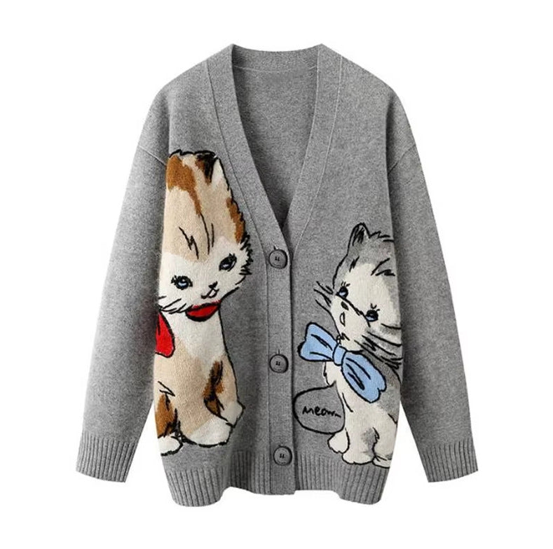 Cartoon Cat Jacquard Pattern Knitted Long Sleeve