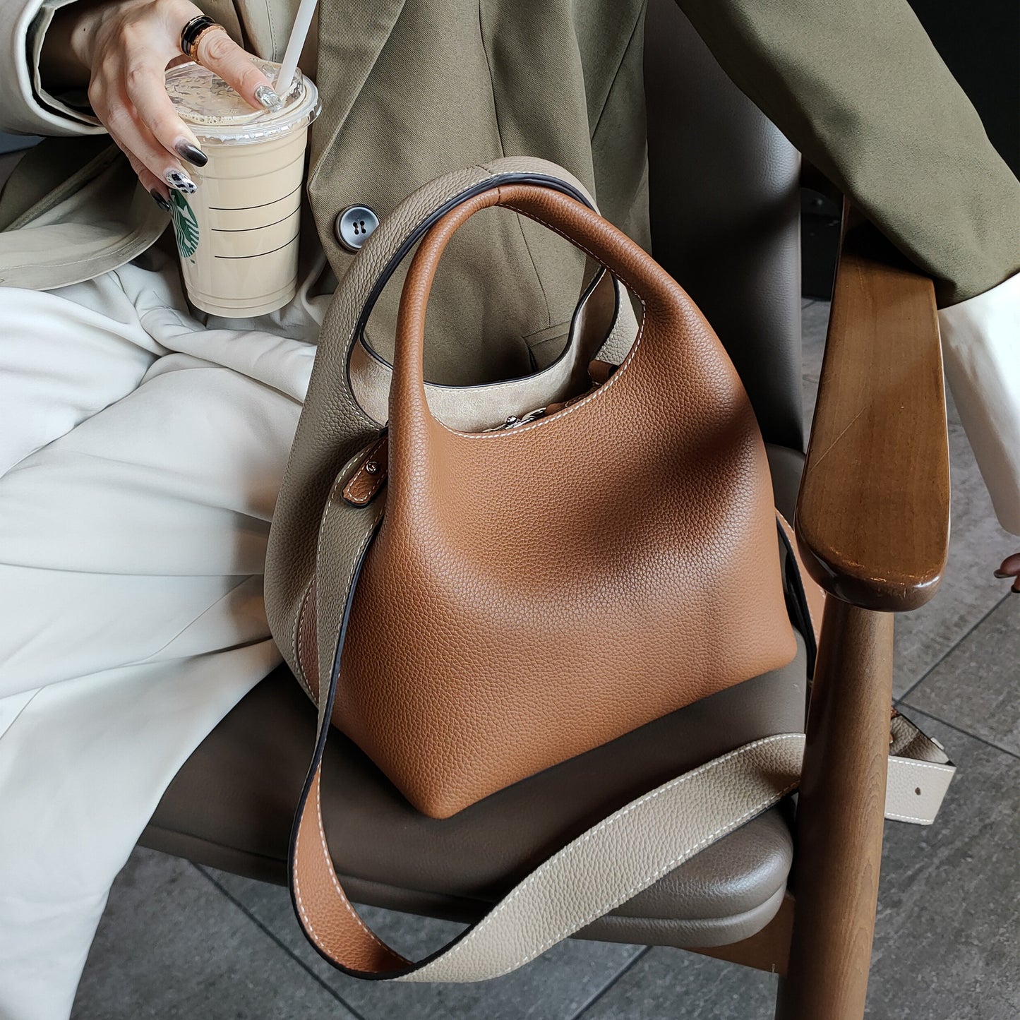 New Top Layer Cowhide Vegetable Basket Portable Messenger Bag