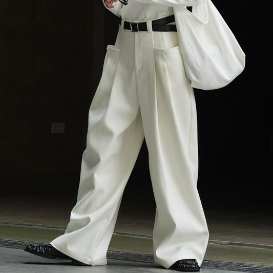 Korean Style Double Pleated Design Loose Casual Trousers Women