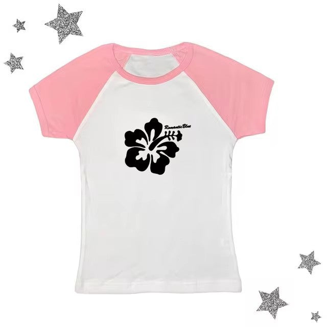Flower Letter Printed Casual Short Sleeve