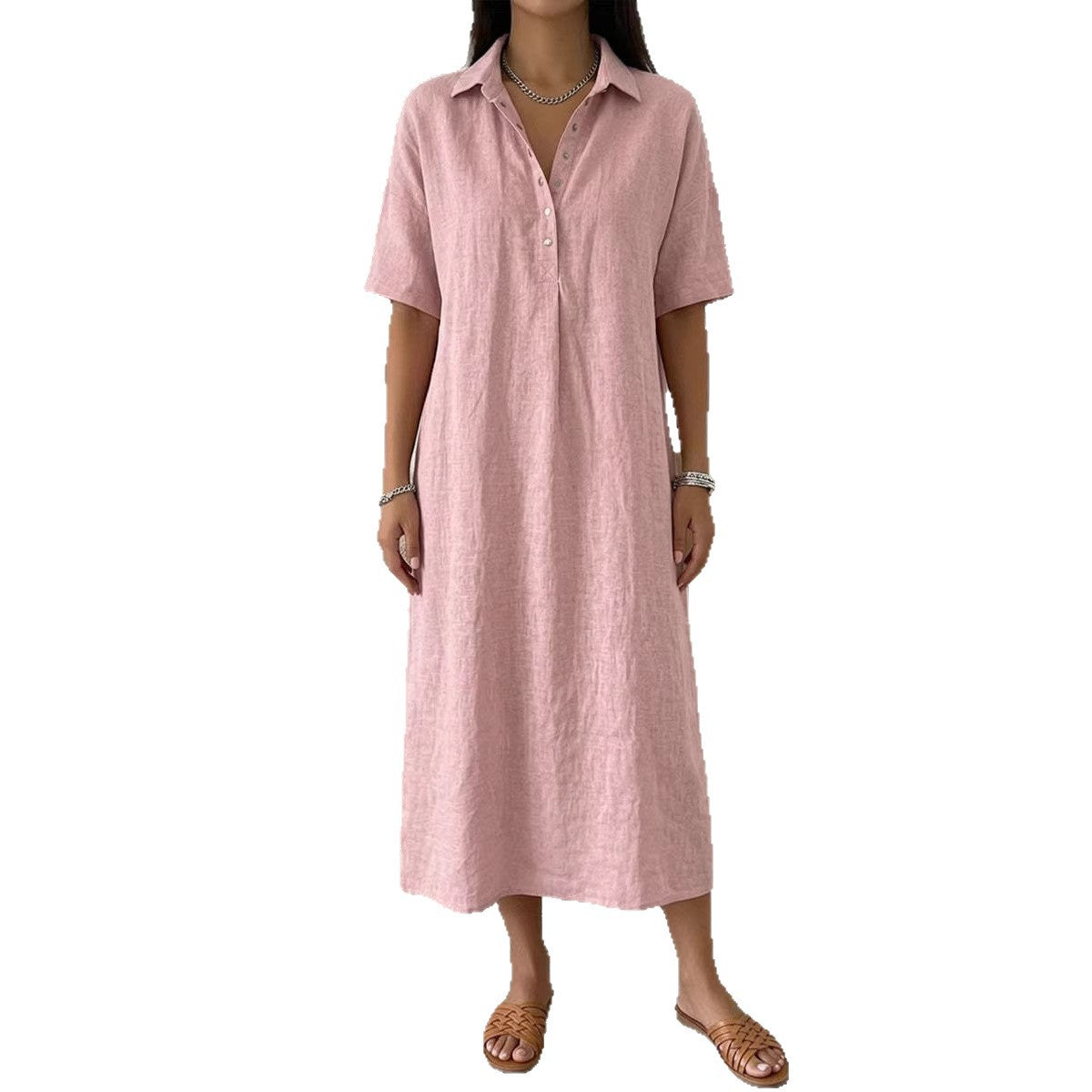 Straight-cut Comfortable Linen Short-sleeve Dress With A Polo Collar