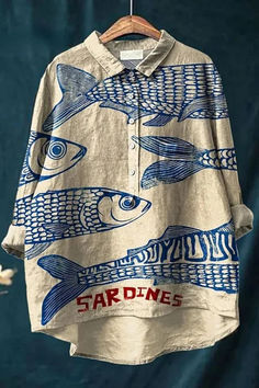 Retro Skjorte med Fiskeprint til Kvinder med Revers og Lange Ærmer