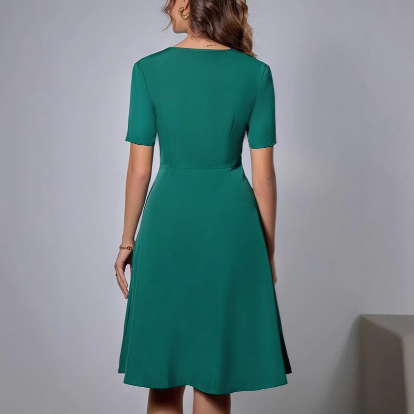 New V-neck Single-breasted Solid Color Dress