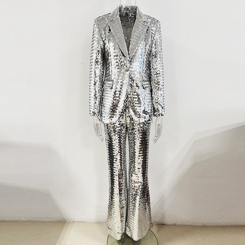 Fashionable One-Button Mesh Sequin Blazer And Pants Suit