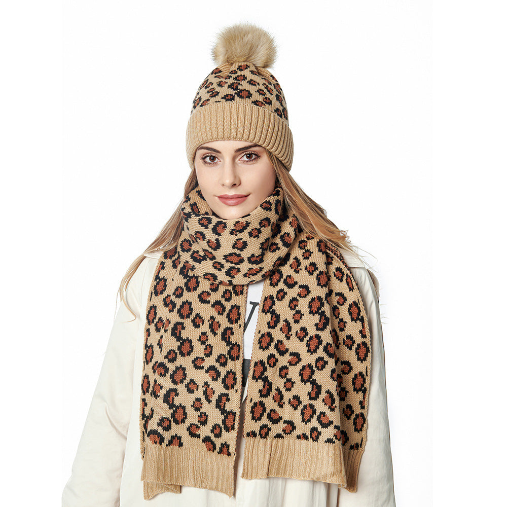 Women's Autumn And Winter Leopard Print Hair Ball Hat Scarf Set