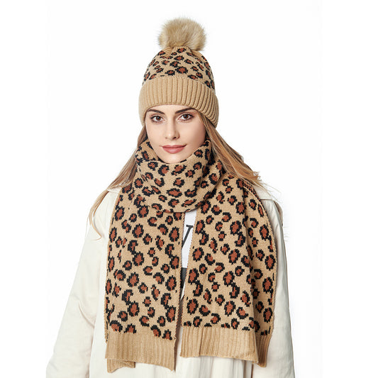 Women's Autumn And Winter Leopard Print Hair Ball Hat Scarf Set