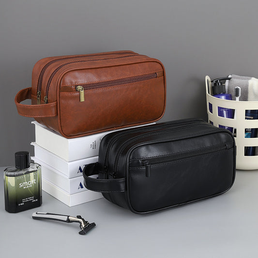 Cosmetic Bag Travel Portable Double Layer Men's PU Leather