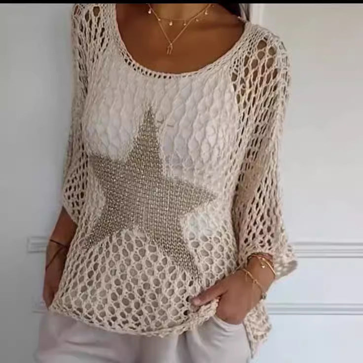 Five-Star Round Neck Sweater Women's Three-quarter Sleeve Top