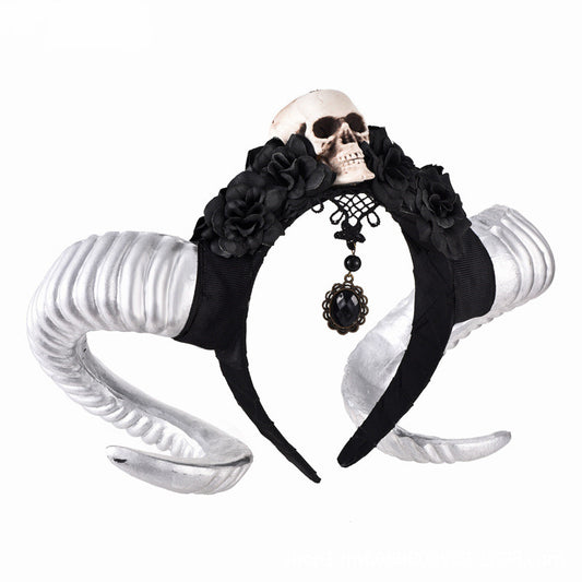 Sheep Horn Veil Skull Black Flower Headband