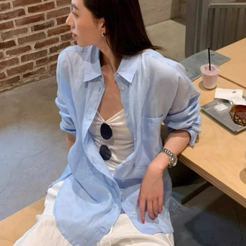 White Linen Shirt Women's Summer Thin Loose Top