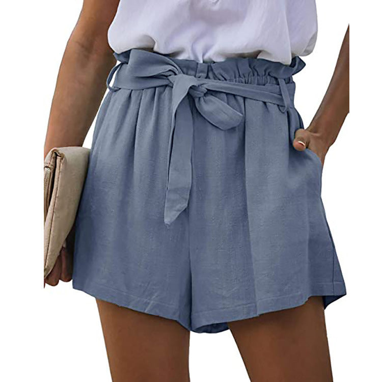 New Women's Casual Pockets Loose Elastic Lace Up Pleated Wide-Leg Shorts