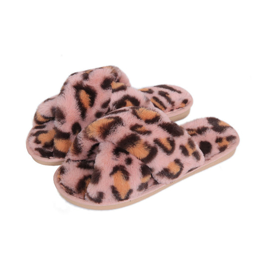 Leopard Print Cross Fluffy Slippers Female Home